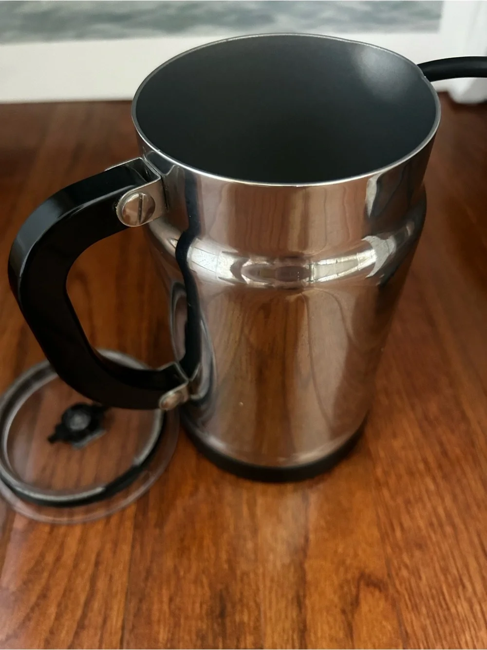 Nespresso Stainless Steel Milk Frother with Black Handle and Red/Blue Icons